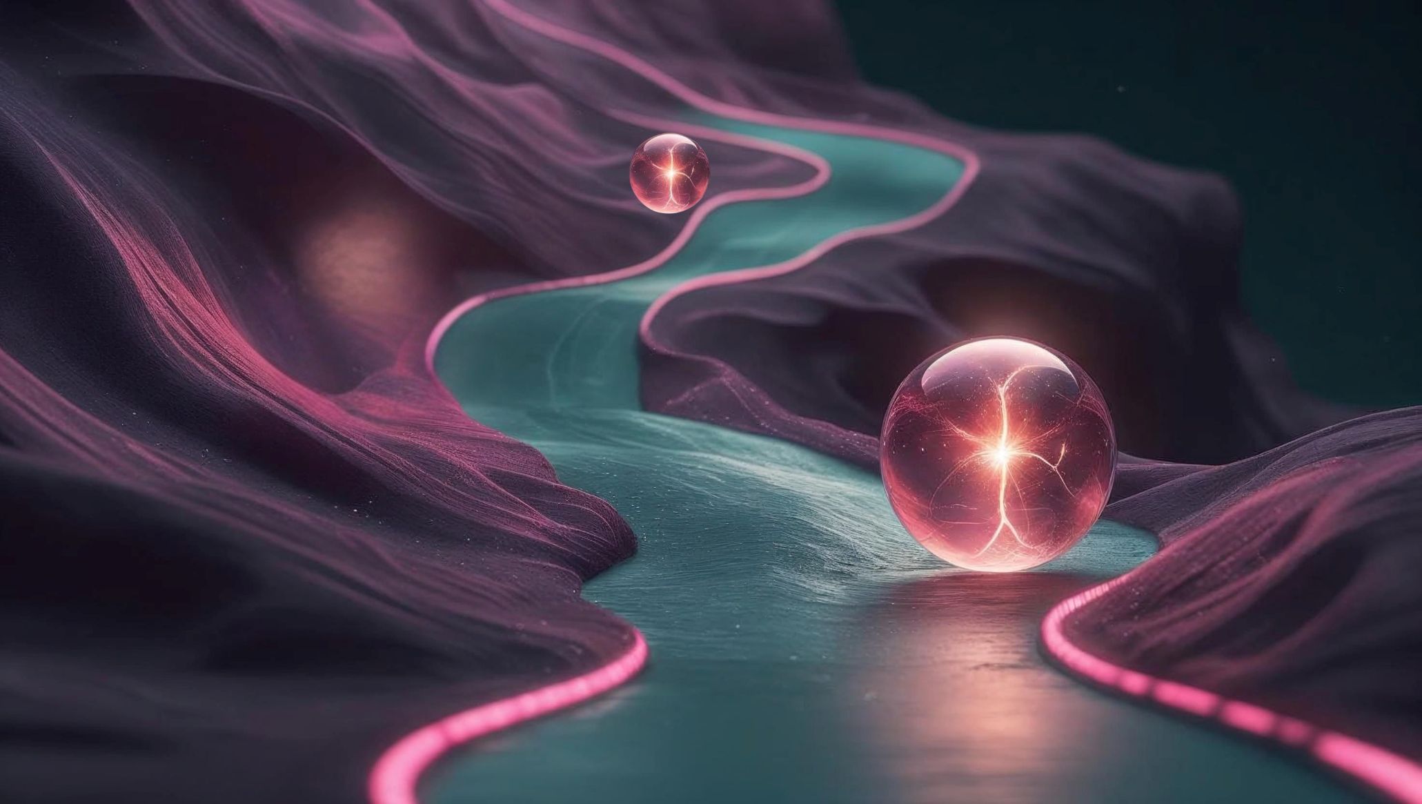 Mind and Soul - Puck Creations Home Page image. A deeply colored mountain with a river flowing in the middle and two magical looking balls.